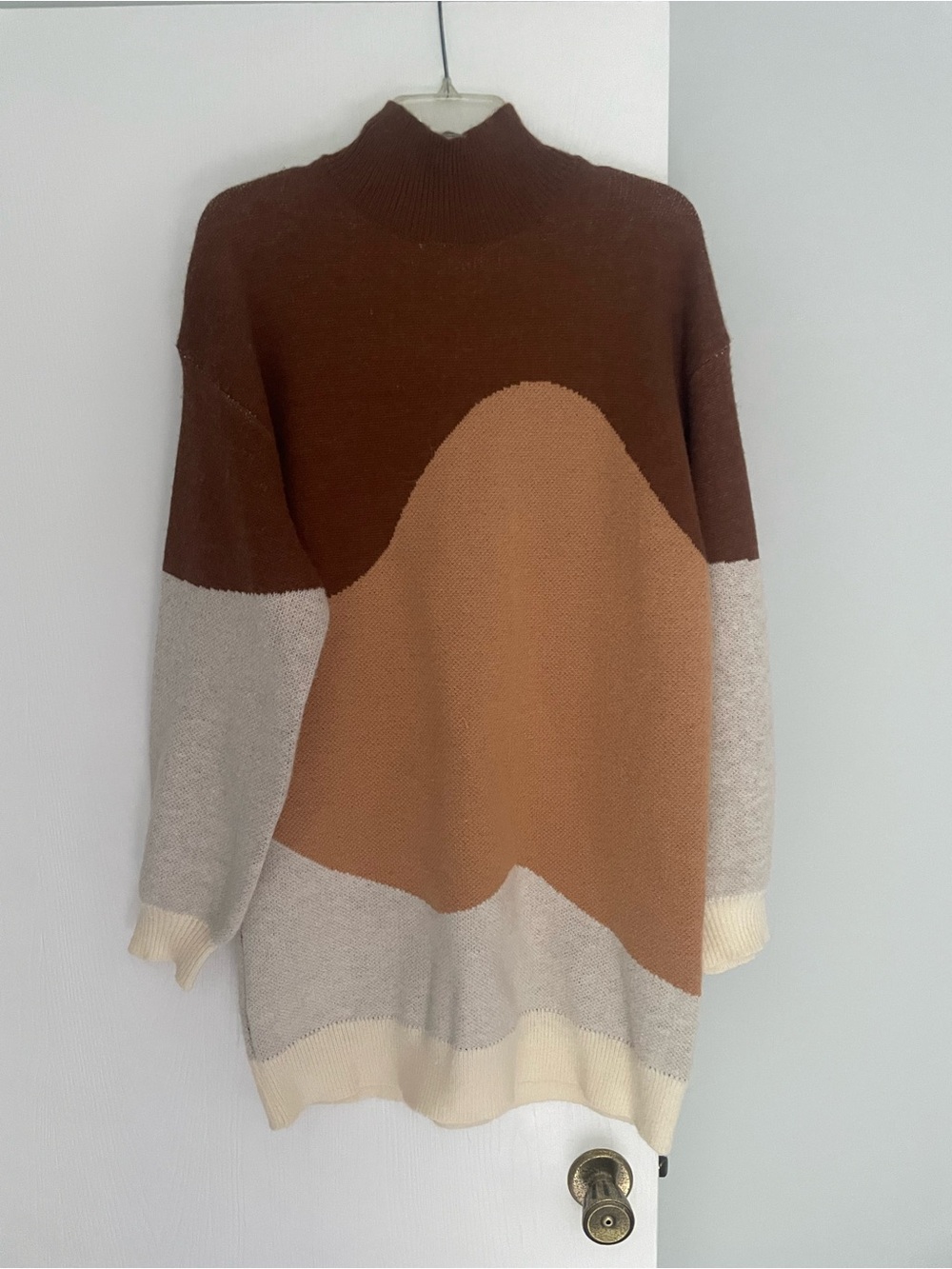 Colorblock Mock Neck Sweater Dress in Brown and Cream